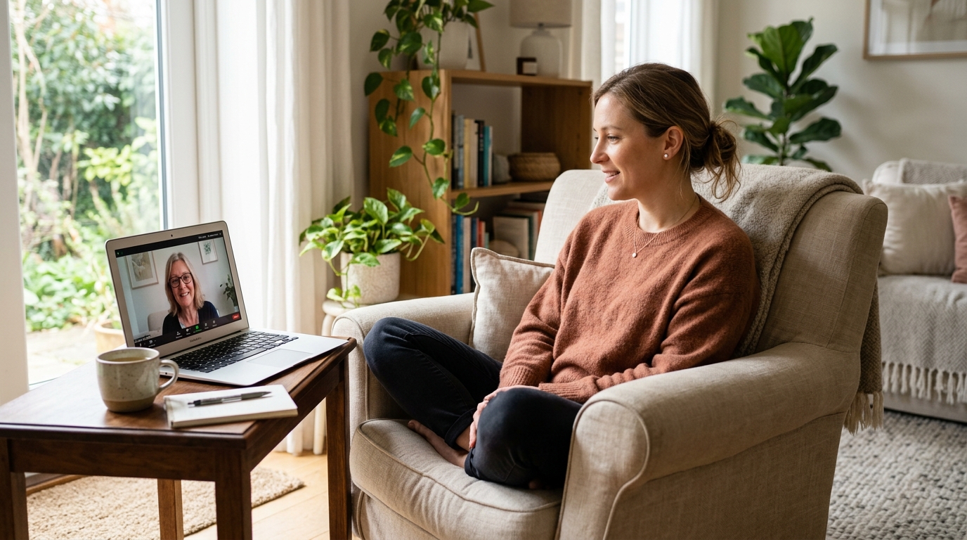 Pessoa sentada confortavelmente em uma poltrona durante uma sessão de psicoterapia online